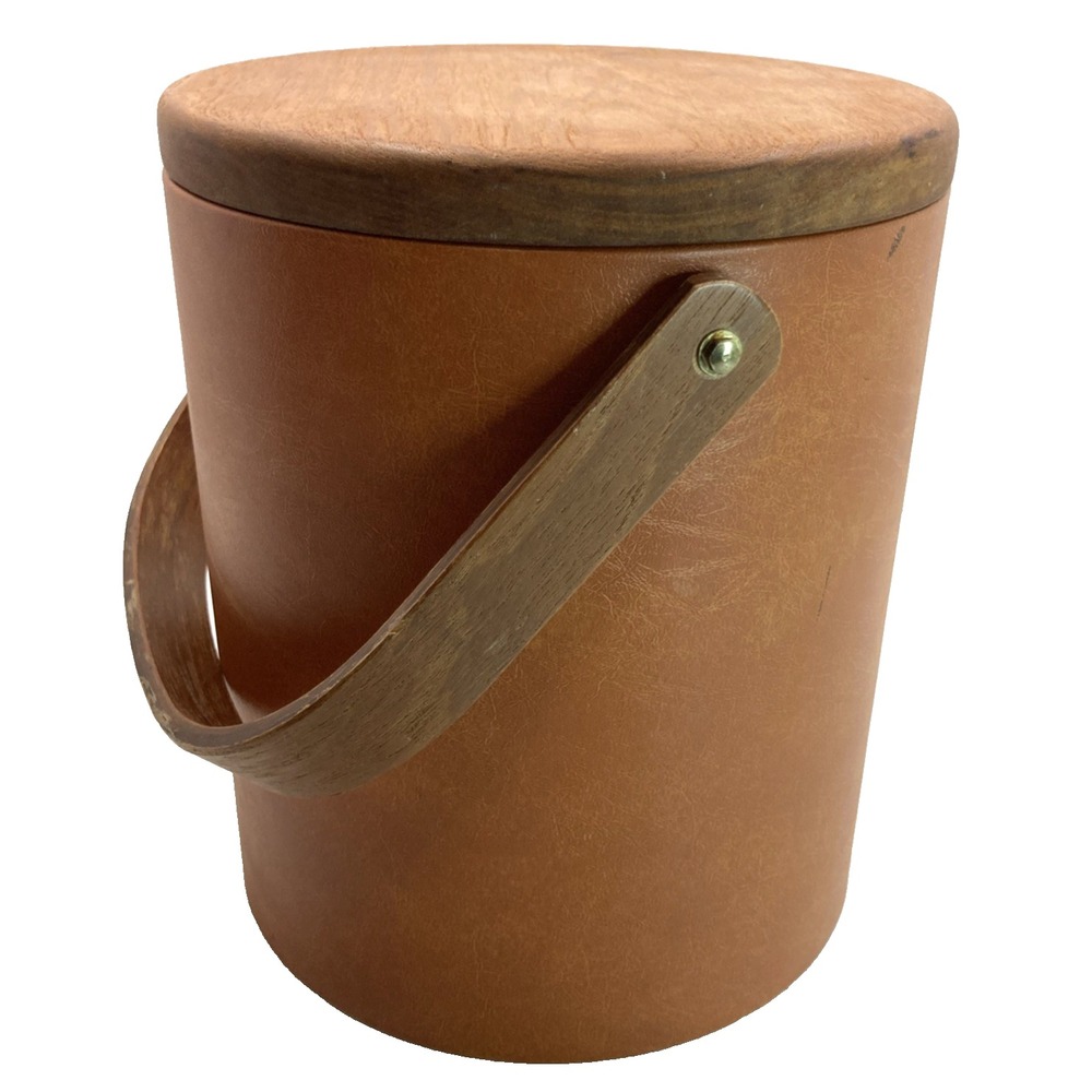 Vintage MCM Bar George Briard Leather Shell Vinyl Ice Bucket‎ Wooden Handle 60's